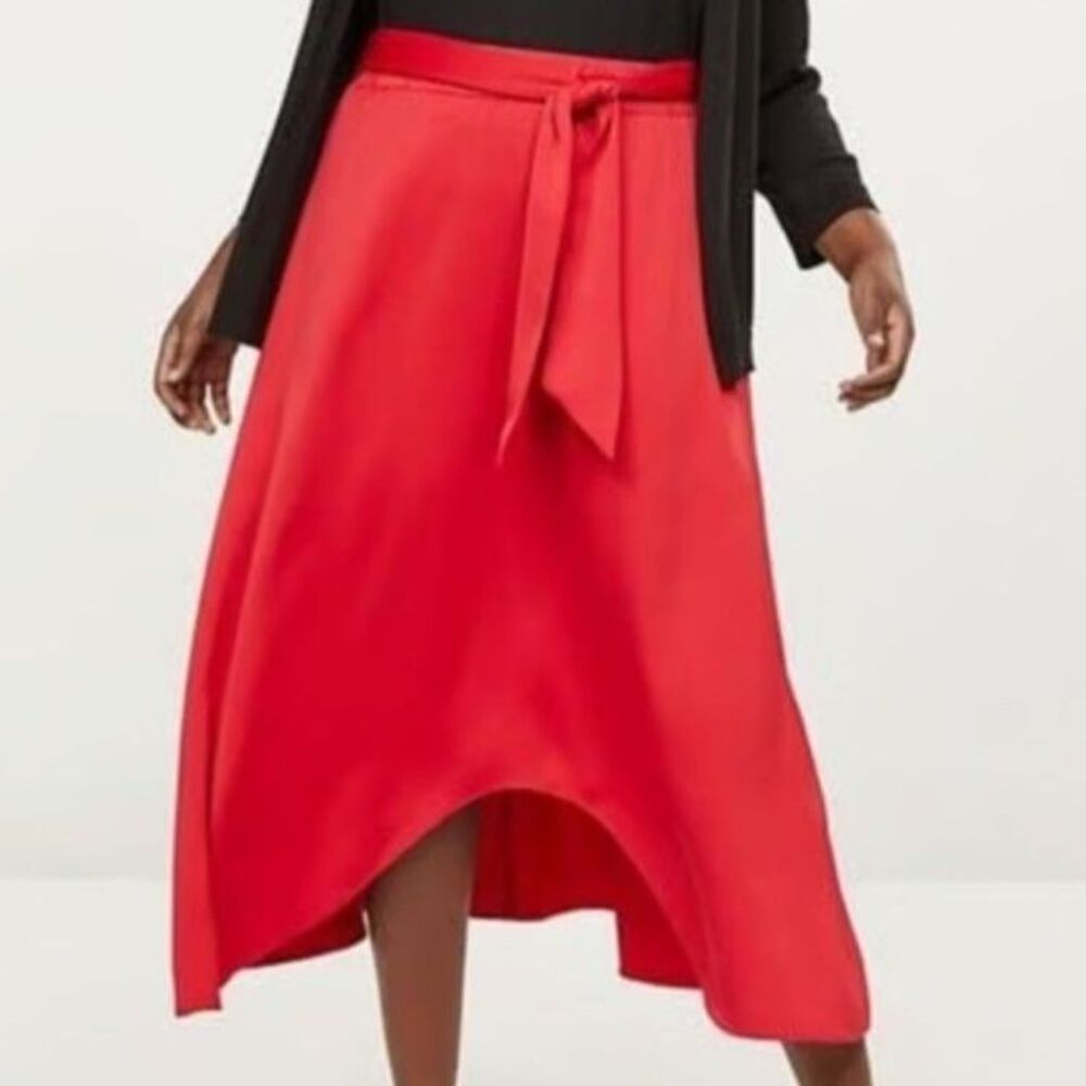 New Lane Bryant High Low Belted Waist Midi Circle Flowing Red Skirt SIZE 14/16